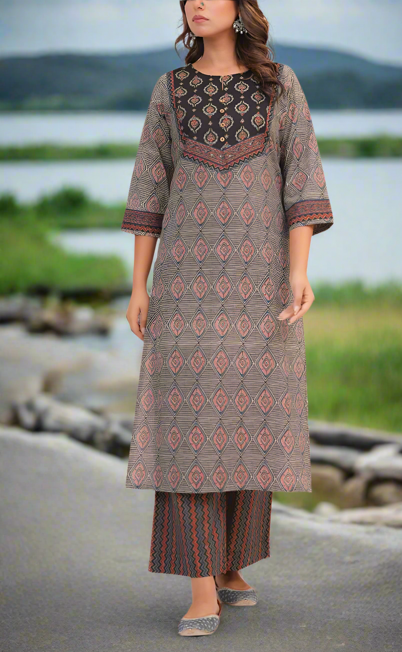 Black Ajrakh Print Cotton Kurti With Palazzo set . Pure Versatile Cotton. | Laces and Frills