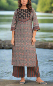 Black Ajrakh Print Cotton Kurti With Palazzo set . Pure Versatile Cotton. | Laces and Frills
