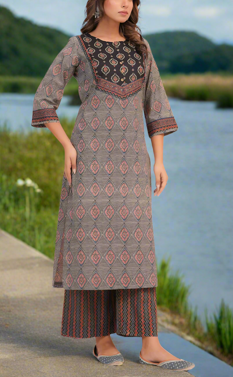 Black Ajrakh Print Cotton Kurti With Palazzo set . Pure Versatile Cotton. | Laces and Frills