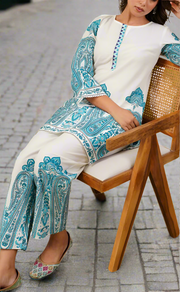 White/Sky Blue Floral Jaipur Cotton Co-Ord Set. Pure Versatile Cotton. | Laces and Frills