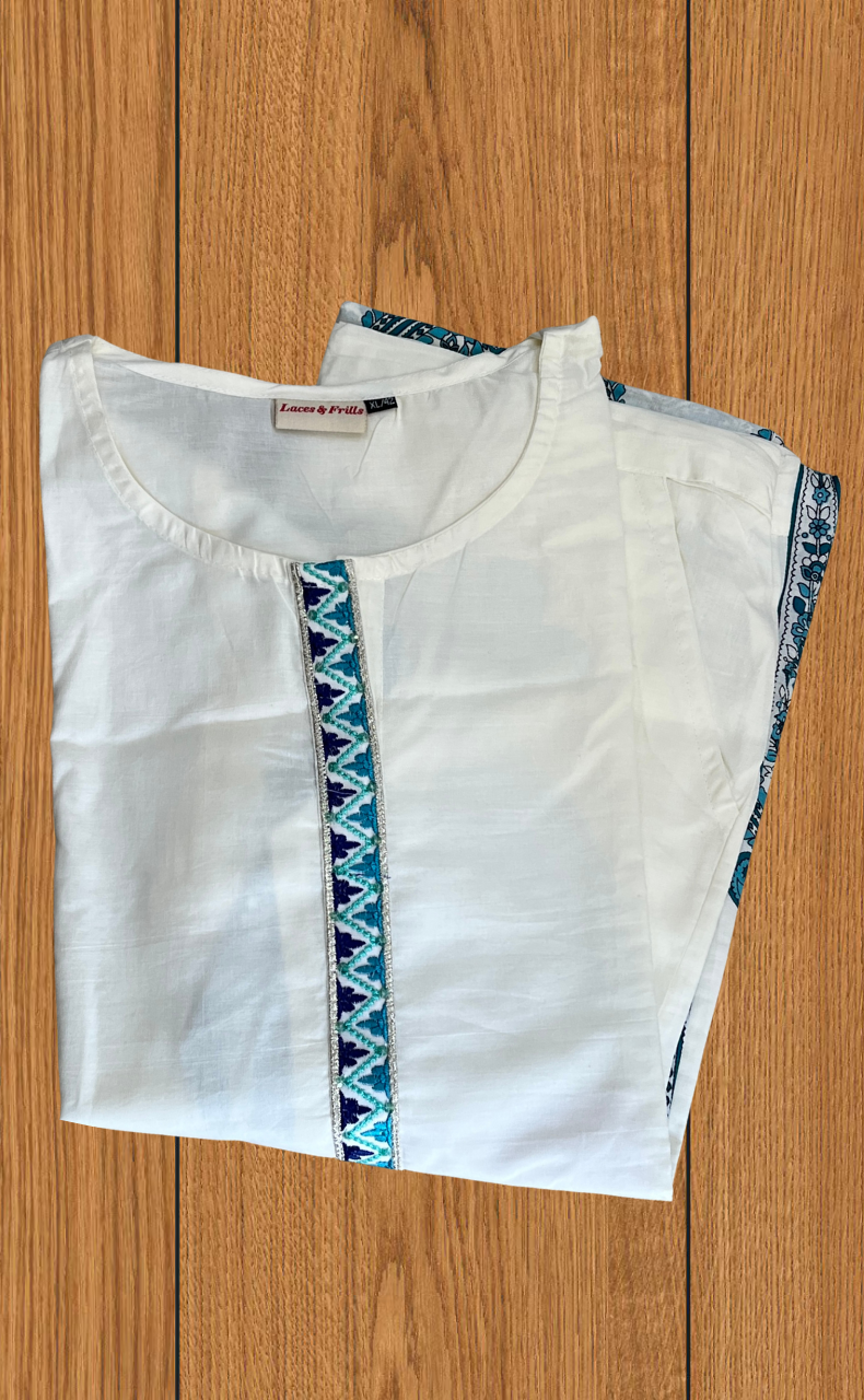 White/Sky Blue Floral Jaipur Cotton Co-Ord Set. Pure Versatile Cotton. | Laces and Frills