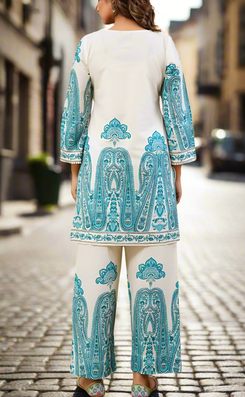 White/Sky Blue Floral Jaipur Cotton Co-Ord Set. Pure Versatile Cotton. | Laces and Frills