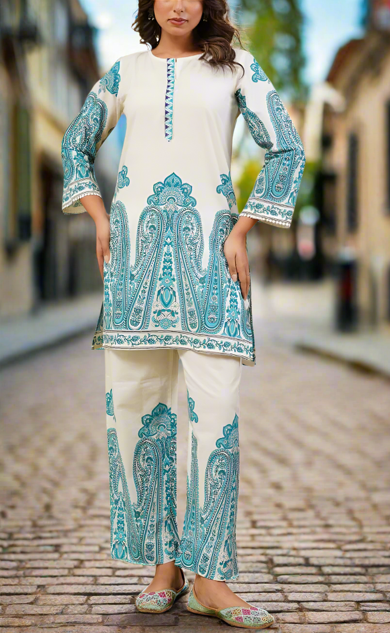White/Sky Blue Floral Jaipur Cotton Co-Ord Set. Pure Versatile Cotton. | Laces and Frills