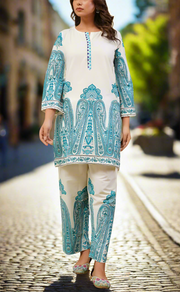 White/Sky Blue Floral Jaipur Cotton Co-Ord Set. Pure Versatile Cotton. | Laces and Frills