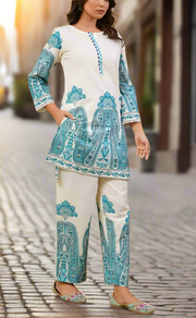 White/Sky Blue Floral Jaipur Cotton Co-Ord Set. Pure Versatile Cotton. | Laces and Frills