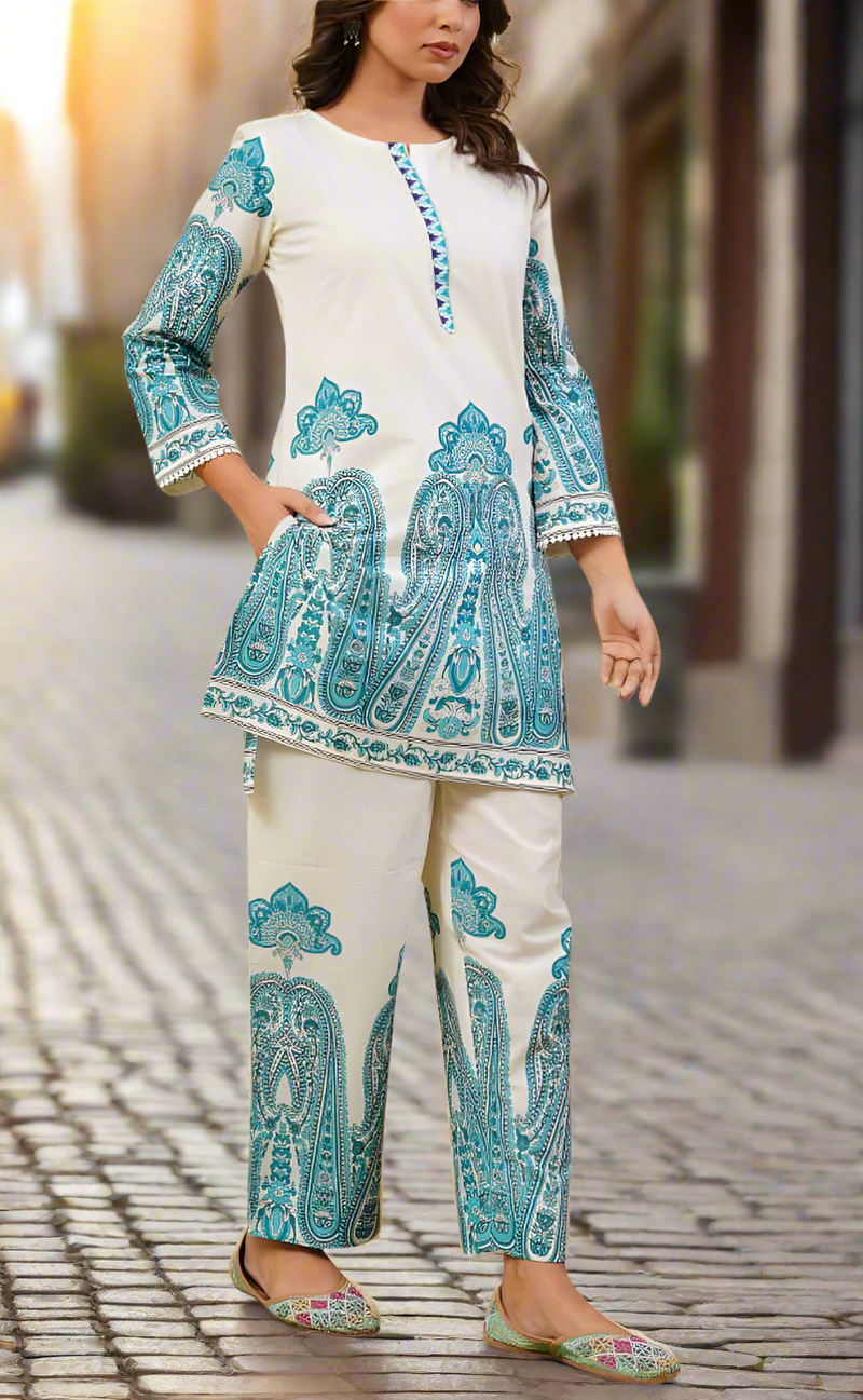 White/Sky Blue Floral Jaipur Cotton Co-Ord Set. Pure Versatile Cotton. | Laces and Frills