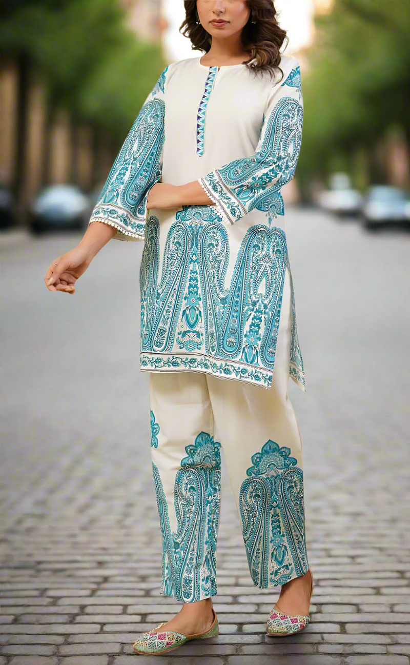 White/Sky Blue Floral Jaipur Cotton Co-Ord Set. Pure Versatile Cotton. | Laces and Frills