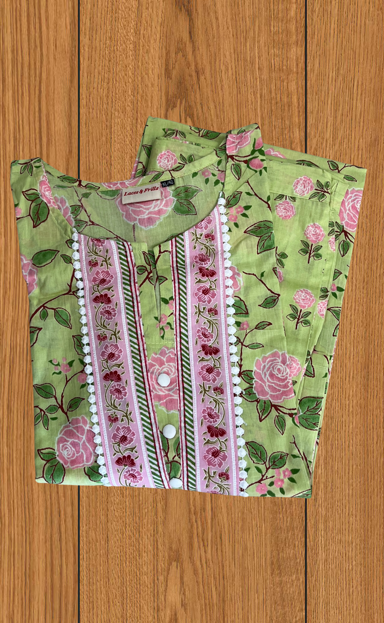 Lime Green Garden Cotton Kurti With Palazzo set . Pure Versatile Cotton. | Laces and Frills