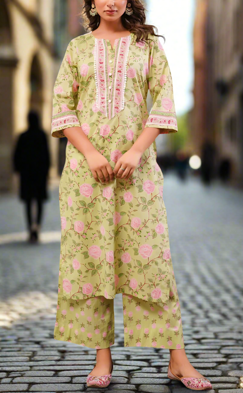 Lime Green Garden Cotton Kurti With Palazzo set . Pure Versatile Cotton. | Laces and Frills