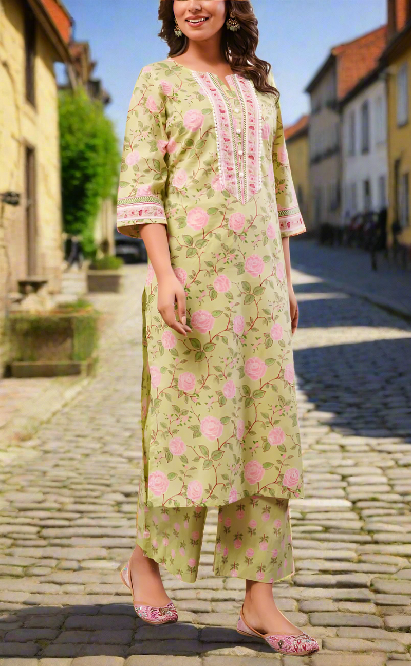 Lime Green Garden Cotton Kurti With Palazzo set . Pure Versatile Cotton. | Laces and Frills