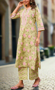 Lime Green Garden Cotton Kurti With Palazzo set . Pure Versatile Cotton. | Laces and Frills
