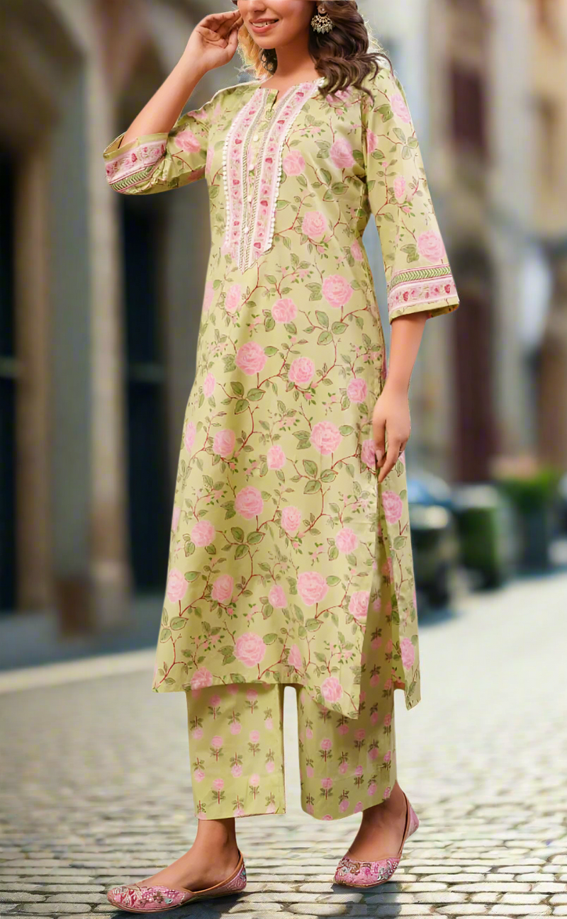 Lime Green Garden Cotton Kurti With Palazzo set . Pure Versatile Cotton. | Laces and Frills