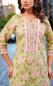 Lime Green Garden Cotton Kurti With Palazzo set . Pure Versatile Cotton. | Laces and Frills