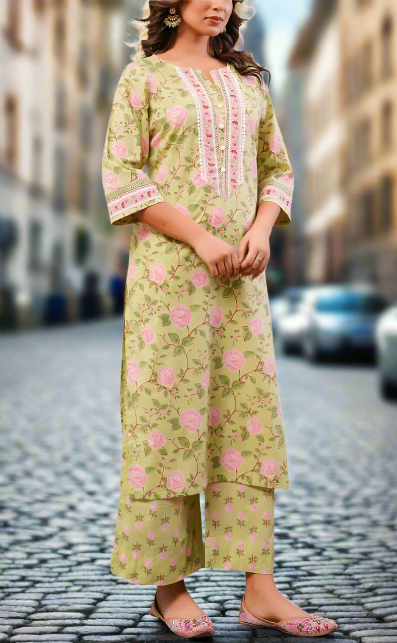 Lime Green Garden Cotton Kurti With Palazzo set . Pure Versatile Cotton. | Laces and Frills