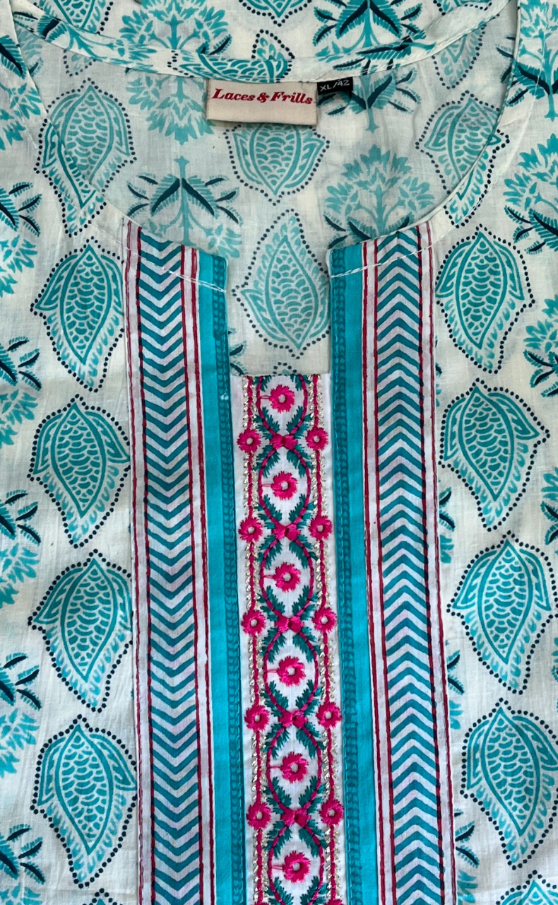 Sea Green Leafy Cotton Kurti With Palazzo set . Pure Versatile Cotton. | Laces and Frills