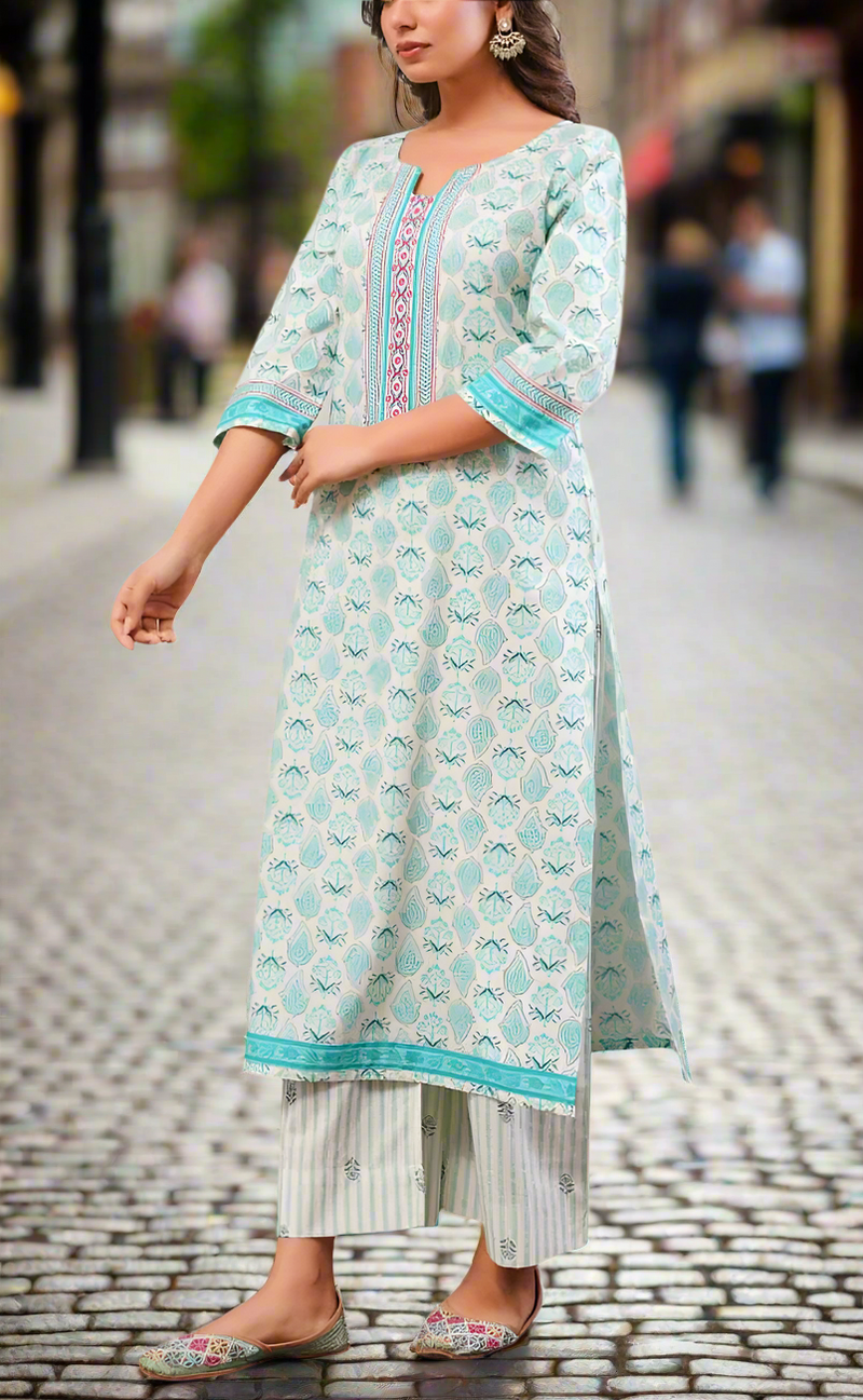Sea Green Leafy Cotton Kurti With Palazzo set . Pure Versatile Cotton. | Laces and Frills