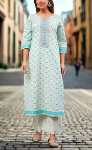 Sea Green Leafy Cotton Kurti With Palazzo set . Pure Versatile Cotton. | Laces and Frills