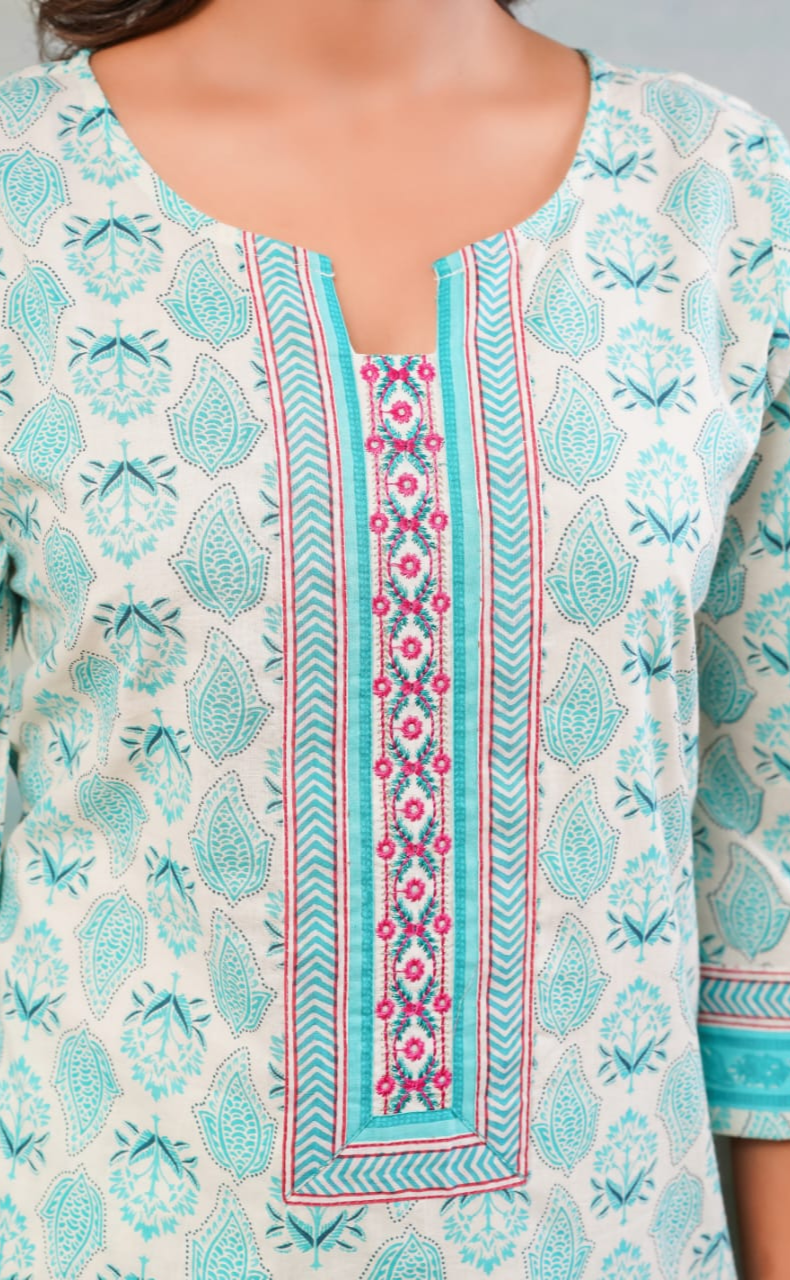 Sea Green Leafy Cotton Kurti With Palazzo set . Pure Versatile Cotton. | Laces and Frills