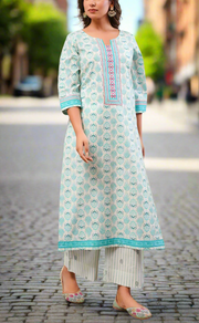 Sea Green Leafy Cotton Kurti With Palazzo set . Pure Versatile Cotton. | Laces and Frills