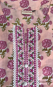 Light Pink Floral Jaipur Cotton Kurti With Palazzo set. Pure Versatile Cotton. | Laces and Frills - Laces and Frills
