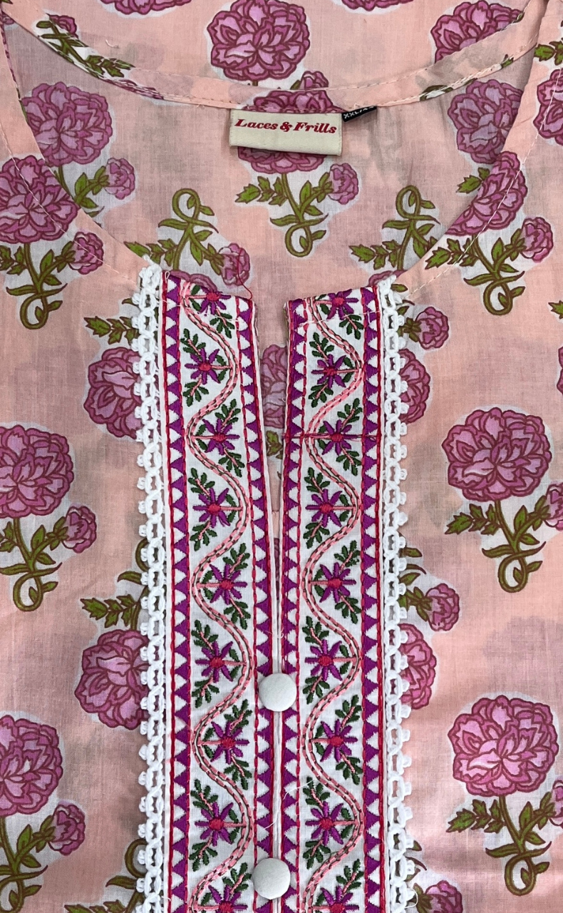 Light Pink Floral Jaipur Cotton Kurti With Palazzo set. Pure Versatile Cotton. | Laces and Frills - Laces and Frills