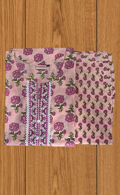 Light Pink Floral Jaipur Cotton Kurti With Palazzo set. Pure Versatile Cotton. | Laces and Frills - Laces and Frills