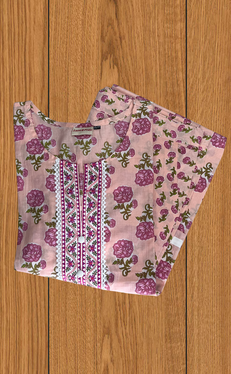 Light Pink Floral Jaipur Cotton Kurti With Palazzo set. Pure Versatile Cotton. | Laces and Frills - Laces and Frills