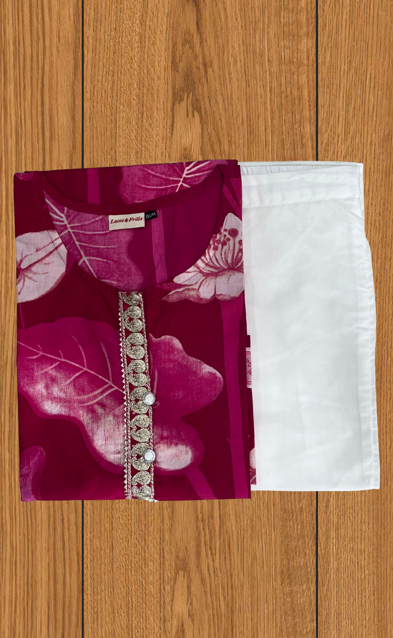 Rani Pink Leafy Jaipur Cotton Kurti With Palazzo set. Pure Versatile Cotton. | Laces and Frills - Laces and Frills
