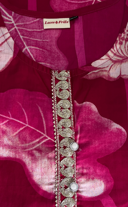 Rani Pink Leafy Jaipur Cotton Kurti With Palazzo set. Pure Versatile Cotton. | Laces and Frills - Laces and Frills