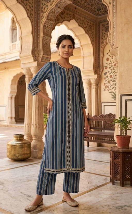 Blue Stripes 2 Piece set Jaipur Cotton Kurti With Palazzo set . Pure Versatile Cotton. | Laces and Frills - Laces and Frills