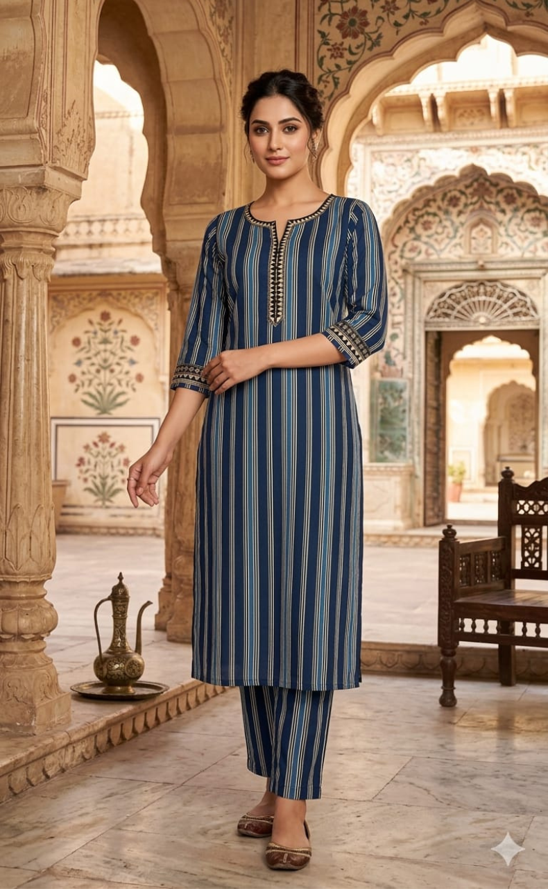 Blue Stripes 2 Piece set Jaipur Cotton Kurti With Palazzo set . Pure Versatile Cotton. | Laces and Frills - Laces and Frills