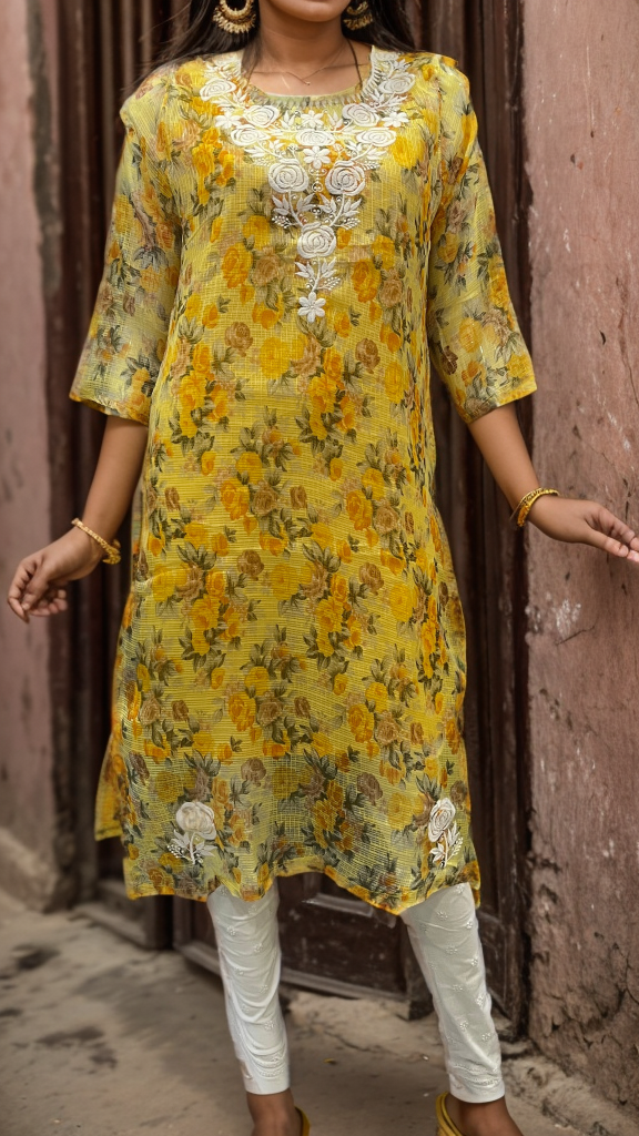 Yellow Chikankari Kurti. Kota Doria Fabric. | Laces and Frills - Laces and Frills