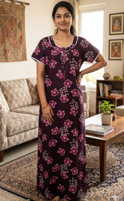 Wine Colour Floral Spun Nighty. Flowy Spun Fabric | Laces and Frills - Laces and Frills