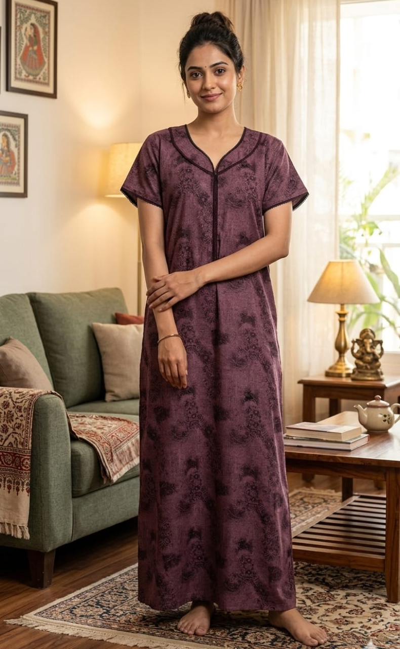 Purple/Black Digital Print Spun Nighty. Flowy Spun Fabric | Laces and Frills - Laces and Frills