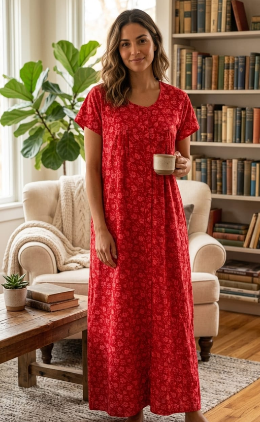 Red Garden Full Open Soft Cotton Nighty. Soft Breathable Fabric | Laces and Frills - Laces and Frills