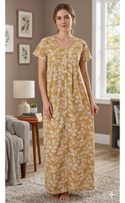 Beige Leafy Full Open Soft Cotton Nighty. Soft Breathable Fabric | Laces and Frills - Laces and Frills