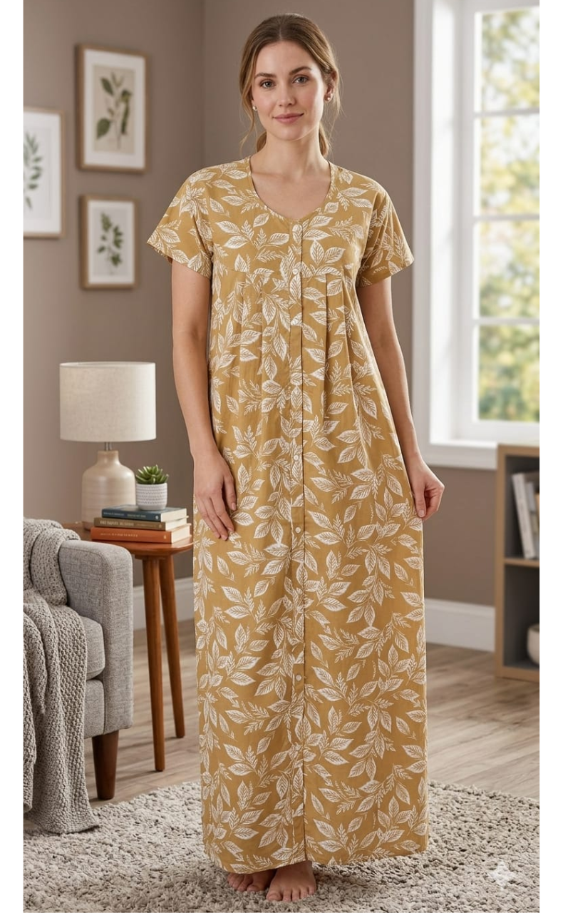 Beige Leafy Full Open Soft Cotton Nighty. Soft Breathable Fabric | Laces and Frills - Laces and Frills