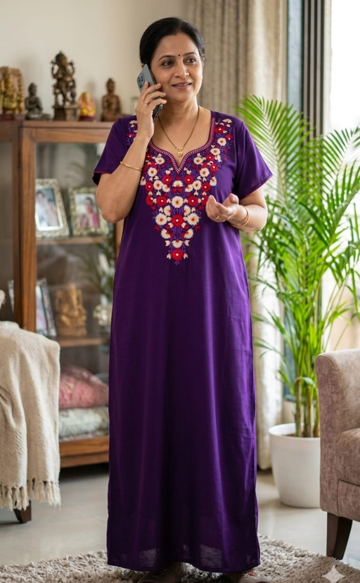 Violet Kashmiri Embroidery Soft Cotton Nighty. Soft Breathable Fabric | Laces and Frills - Laces and Frills