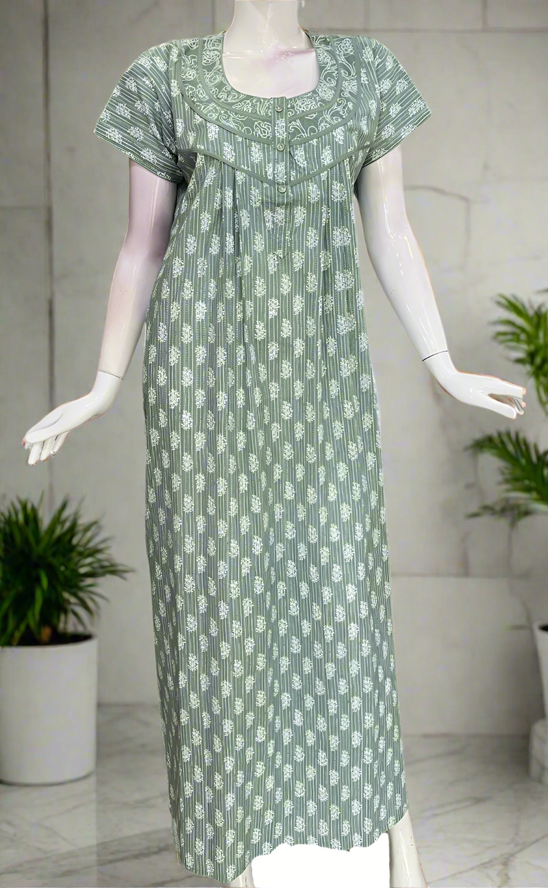 Pista Green Tiny Floral Pure Cotton Nighty. Pure Durable Cotton | Laces and Frills