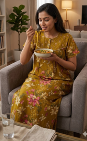 Mustard Floral Pure Cotton Nighty. Pure Durable Cotton | Laces and Frills - Laces and Frills