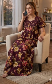 Wine Colour Floral Pure Cotton Nighty. Pure Durable Cotton | Laces and Frills - Laces and Frills