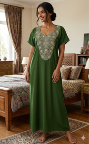 Green Lucknowi Embroidery Soft Cotton Nighty. Soft Breathable Fabric | Laces and Frills - Laces and Frills
