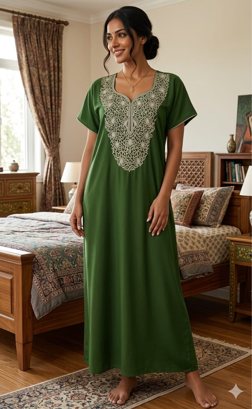 Green Lucknowi Embroidery Soft Cotton Nighty. Soft Breathable Fabric | Laces and Frills - Laces and Frills