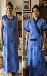 Blue Floral 2-Piece Soft Cotton House Coat & Nighty Set| Laces and Frills - Laces and Frills