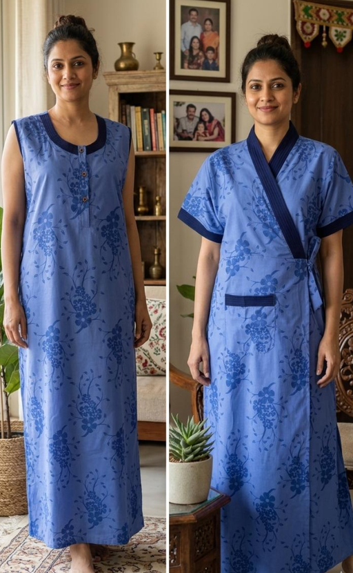 Blue Floral 2-Piece Soft Cotton House Coat & Nighty Set| Laces and Frills - Laces and Frills