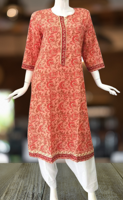 Peach With Red Floral Jaipuri Cotton Kurti.Pure Versatile Cotton. | Laces and Frills - Laces and Frills