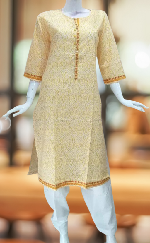 Light Yellow Motif Print Jaipuri Cotton Kurti.Pure Versatile Cotton. | Laces and Frills - Laces and Frills