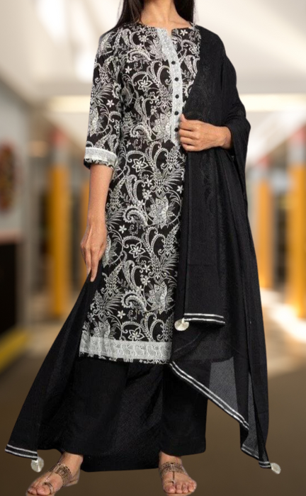 Black Floral Kurti With Pant And Dupatta Set.Pure Versatile Cotton. | Laces and Frills - Laces and Frills
