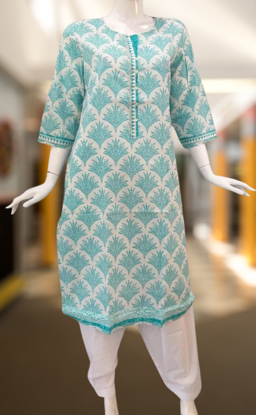 White/Sea Green Leaves Motif Jaipuri Cotton Kurti.Pure Versatile Cotton. | Laces and Frills - Laces and Frills