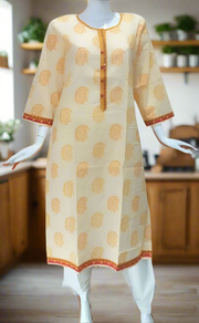 Light Yellow Motif Jaipuri Cotton Kurti.Pure Versatile Cotton. | Laces and Frills - Laces and Frills